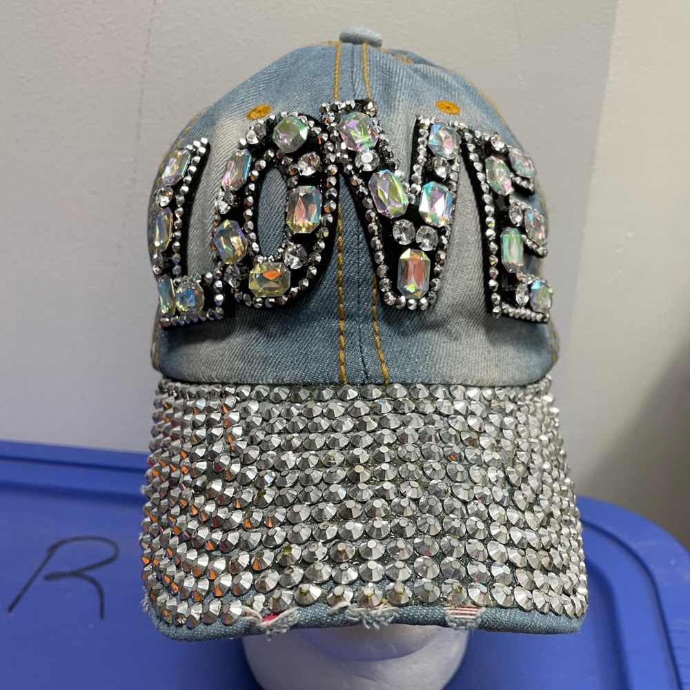 “LOVE” spell out Denim Bling Hat Gems Baseball Cap Visor Studded Rhinestones